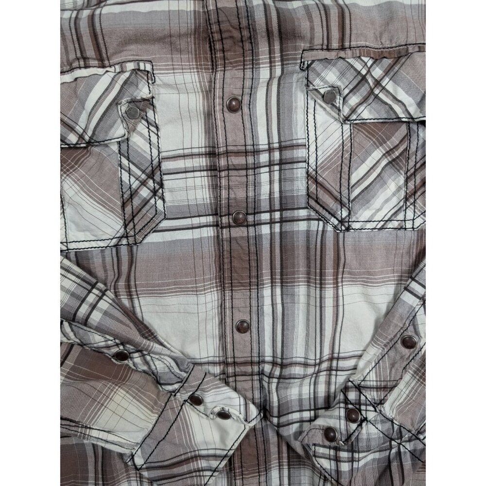 BKE Button Up Shirt Mens Medium Brown Plaid Pearl Snap Athletic Fit Western - Picture 3 of 10